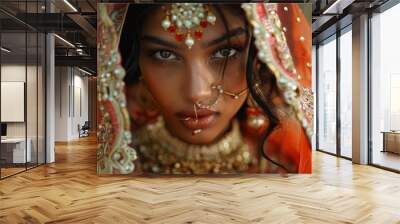 Portrait of beautiful indian girl. Young hindu woman model with golden kundan jewelry set  Wall mural