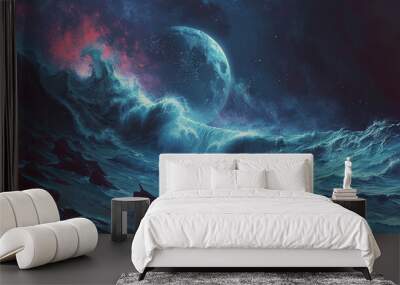 Sci-fi Scene of Alien Planet Rocky Terrain with Background Jupiter planet Wall mural