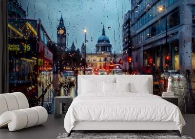 Traffic in rain storm in city of London. Big ben Wall mural