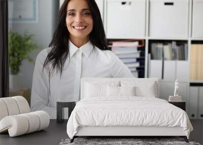 Business woman in white shirt against office background. Business education concept Wall mural