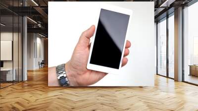 Male hand hoding smartphone isolated on white background. You can insert an image image of your text for the concept or project development of mobile applications and their advertising mobile devices Wall mural