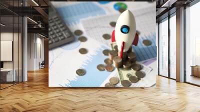 Small toy rocket, coins, calculator and official documents at business desk, selective focus. Business process, profit, earning, financial analysis concept Wall mural