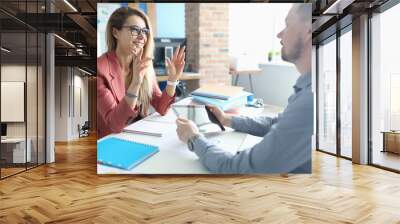 Two adult business people make work interview against office background.One on one meeting concept. Wall mural