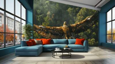 Golden Eagle in flight over the forest. Eagle in the wild. Wall mural