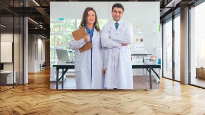 Two scientists are working in laboratory. Young female researcher and her senior supervisor are doing investigations with test tubes. Wall mural