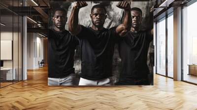 Portrait of three African American men in black t-shirts posing against grunge background Wall mural