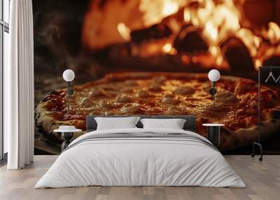 A pizza with mozzarella cheese and tomato sauce is baking in a wood-fired oven. Wall mural