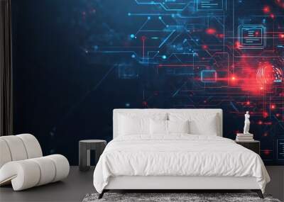 Abstract digital network with red and blue glowing lines and a central focus point. Wall mural