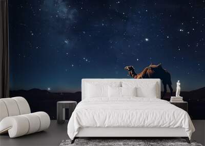 Camel at night in desert with stars, ramadan concept Wall mural