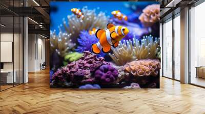 clownfish and blue malawi cichlids swimming near coral Wall mural