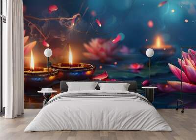 Diwali is an Indian holiday, the festival of fire. Lotus flowers and diyas oil lamps. Wall mural