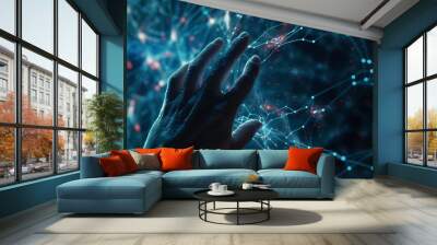 Human hand touching neuronal network of artificial intelligence system Wall mural