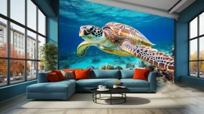 sea turtle swims under water on the background of coral reefs Wall mural