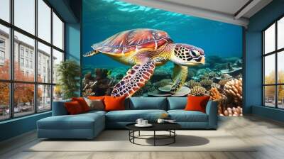 sea turtle swims under water on the background of coral reefs Wall mural