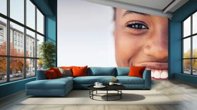 Closeup, portrait and black woman with a smile, mockup and happiness with joy, cheerful and skincare. Face, female person and model with wellness, freedom and carefree with teeth, beauty and mouth Wall mural