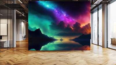 Nebula seen from river. Gascloud. Cosmic art. Galactic art. 4K - 8K - 12K TV. Generative AI. Wall mural