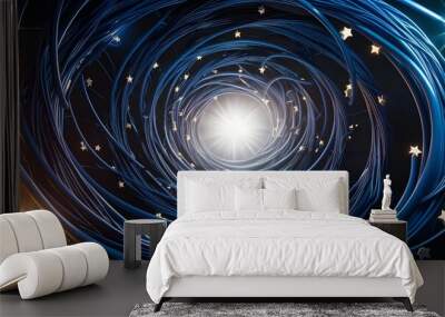 A swirling vortex of interconnected dark blue wires and circuits, with a radiant core of white light at the center. Surrounding the vortex are twinkling stars that appear to be drawn into the swirl. T Wall mural