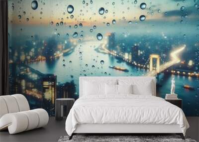 A window pane adorned with droplets of water, set against the backdrop of a blurred urban landscape, generated by AI Wall mural