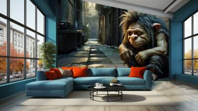 A furry creature sits in a dark alley. Wall mural