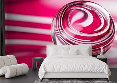 A glass orb sits on a pink and white background, reflecting the swirling lines. Wall mural