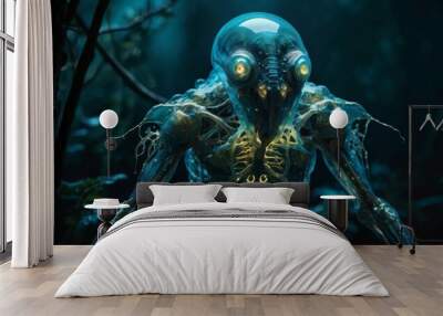 A translucent alien creature with glowing eyes stands in a dark forest. Wall mural