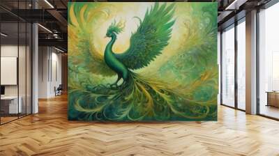 A vibrant green and gold peacock with its wings spread wide. Wall mural