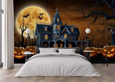 halloween house with pumpkin and bats full moon midnight darkness background Wall mural