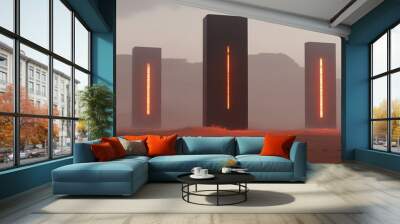 Three tall, thin structures with glowing lights in a desert. Wall mural