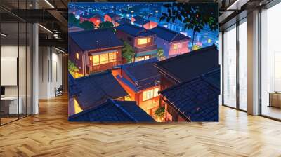 illustrated houses in the night Wall mural