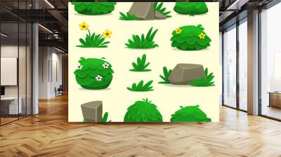 vector cartoon isolated bush tree and grass rock template collection set Wall mural