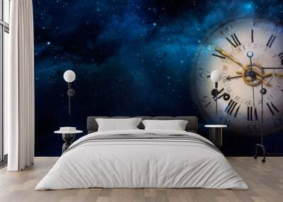 Mystical image of a Clock face of the old watch on the night sky background with stars. Philosophy image of space time dimension and time transience. Wall mural