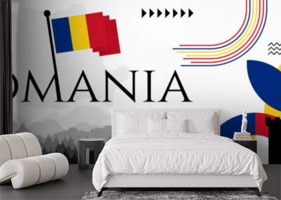 Romania National day celebration abstract banner design with flag and map. Flag color theme geometric pattern retro modern Illustration design. Blue, yellow and red color template. Wall mural