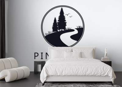 logo pine tree line art logo vector concept with emblem illustration template design. icon plant design Wall mural