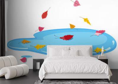 Autumn puddle with falling colorful leaves. Vector illustration isolated Wall mural