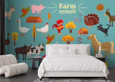 Big set of farm animals, pig, rabbit, cow, bull, cat, dog, goose, duck, turkey, donkey, goat, sheep, ram, modern stylized trees and leaves, autumn, vector, illustration, isolated Wall mural