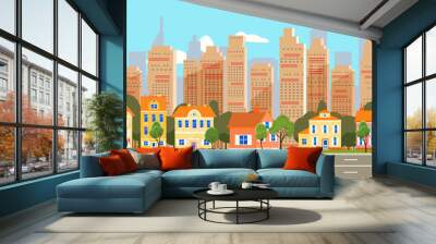 City landscape seamless horizontal illustration. Cityscape skyscrappers, suburban houses, downtown. Vector cartoon style Wall mural