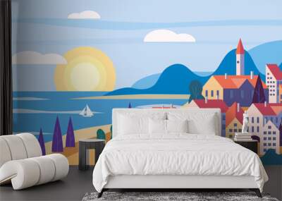 Cityscape sea ocean seashore landscape with buildings, mountains hills and trees sunset. Wall mural