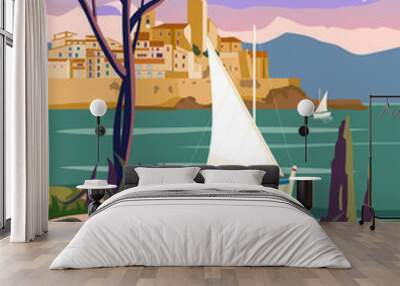 French Riviera Antibes Retro Poster. Tropical coast scenic view, palm, Mediterranean marine, sea town, sailboat. Wall mural