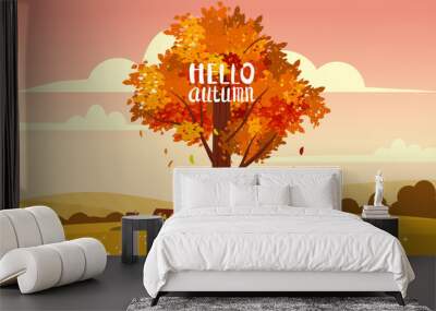 Hello Autumn landscape countryside farm scene, poster. Rural fall view fields Wall mural