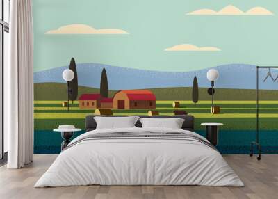 Rural farm landscape field country house, cows. Summer hills sunset farmland Wall mural