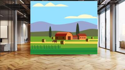 Rural farm landscape field country house, cows. Summer hills sunset farmland Wall mural