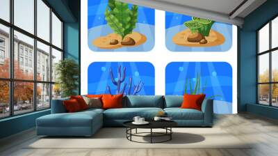 Set of colorful corals and algae on a blue background. Natural underwater vector illustration. Cartoon style, isolated Wall mural