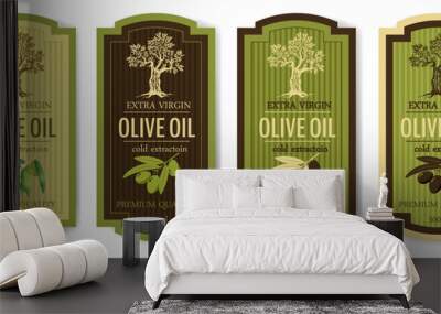 Set of labels for olive oils with olive tree, olive branch, isolated, vector Wall mural