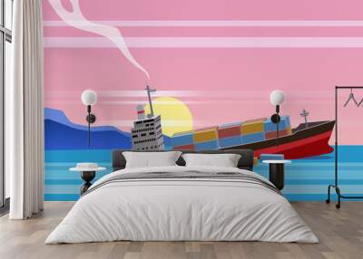 Shipwreck of cargo ship in ocean, vessel going under water and goods containers. Marine transport crash, vector Wall mural