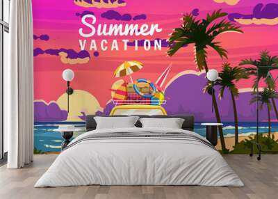 Summer Vacation, travel yellow car with luggage bags, surfboard on the beach. Tropical seachore sunset, sea, ocean, back view. Vector illustration retro cartoon Wall mural