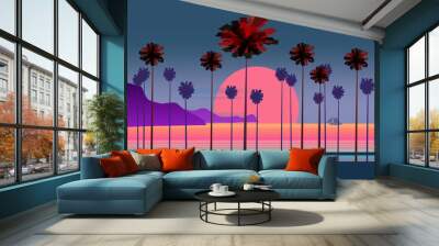 Summer vacation road, tropical beach Sunset, ocean, sea, with Palm trees ,vector illustration, poster, baner, isolated Wall mural