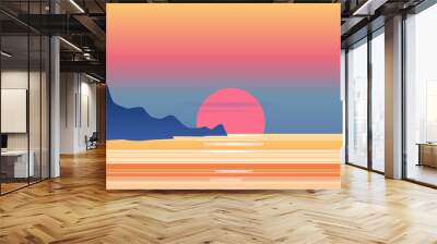 Sunset osean, sea, landscape with mountains and sun, evening. Panorama of mountains, on sunset, dusk, vector, isolated Wall mural