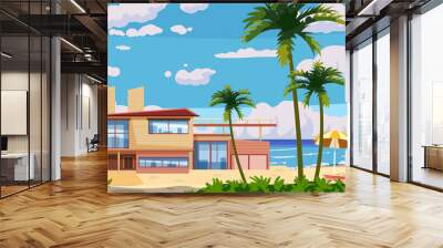 Tropical resort luxury villa for rest, vacation. Modern architecture with exotic palms, sea, ocean, beach coastline. Seaview summer landscape. Vector illustration cartoon style Wall mural