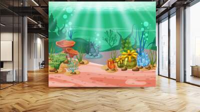 Underwater illustration and life. the beauty of marine life. Algae and coral reefs are beautiful and colorful, vector, isolated, cartoon style Wall mural