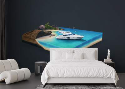 3d illustration of a soil slice, Yacht on the beach, ocean traveling  isolated on dark background Wall mural